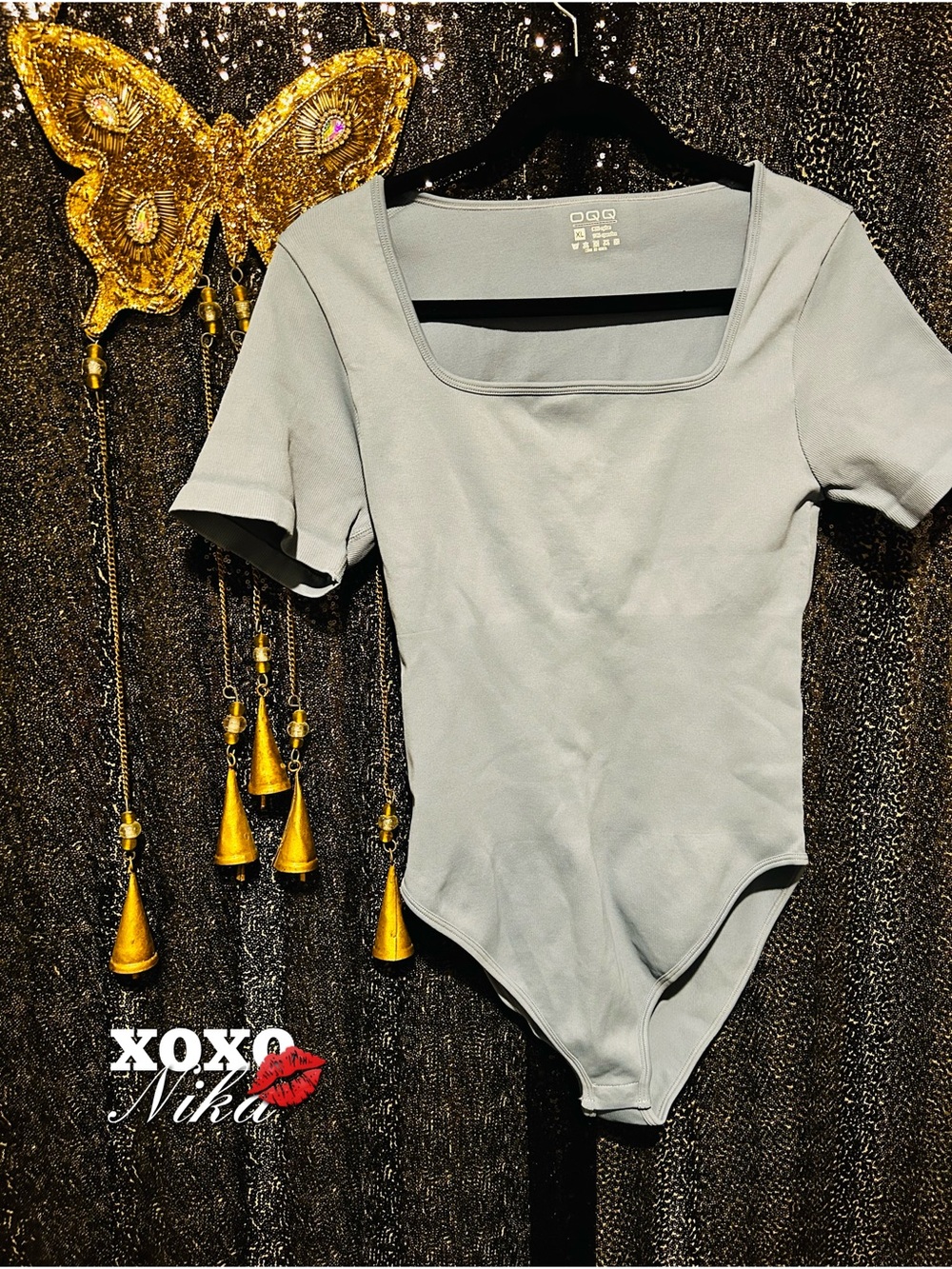 OQQ Square Neck Short Sleeve Bodysuit - XL